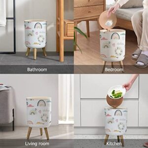 Small Trash Can with Lid Seamless with Hand Drawn Rainbows and Sun Trendy Baby Texture for Wood Legs Press Cover Garbage Bin Round Waste Bin Wastebasket for Kitchen Bathroom Office 7L/1.8 Gallon