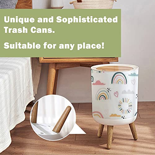 Small Trash Can with Lid Seamless with Hand Drawn Rainbows and Sun Trendy Baby Texture for Wood Legs Press Cover Garbage Bin Round Waste Bin Wastebasket for Kitchen Bathroom Office 7L/1.8 Gallon