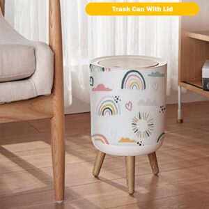 Small Trash Can with Lid Seamless with Hand Drawn Rainbows and Sun Trendy Baby Texture for Wood Legs Press Cover Garbage Bin Round Waste Bin Wastebasket for Kitchen Bathroom Office 7L/1.8 Gallon