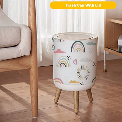 Small Trash Can with Lid Seamless with Hand Drawn Rainbows and Sun Trendy Baby Texture for Wood Legs Press Cover Garbage Bin Round Waste Bin Wastebasket for Kitchen Bathroom Office 7L/1.8 Gallon