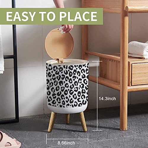 Small Trash Can with Lid Seamless Leopard Fur Fashionable Wild Leopard Print Modern Panther Wood Legs Press Cover Garbage Bin Round Simple Human Waste Bin Wastebasket for Kitchen Bathroom Office