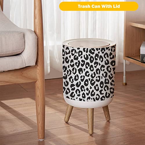Small Trash Can with Lid Seamless Leopard Fur Fashionable Wild Leopard Print Modern Panther Wood Legs Press Cover Garbage Bin Round Simple Human Waste Bin Wastebasket for Kitchen Bathroom Office