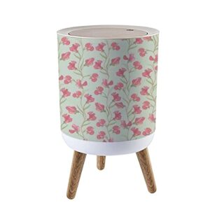 small trash can with lid flower seamless floral seamless with lilac and pink sweet pea wood legs press cover garbage bin round waste bin wastebasket for kitchen bathroom office 7l/1.8 gallon