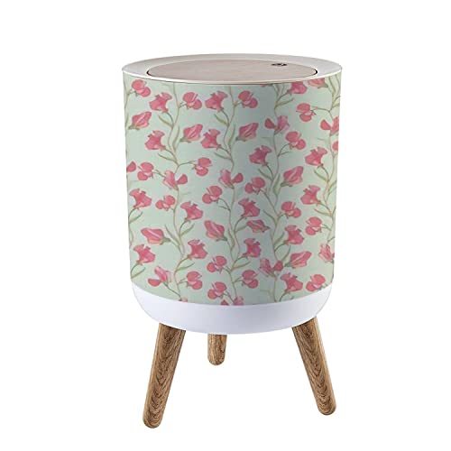 Small Trash Can with Lid Flower Seamless Floral Seamless with Lilac and Pink Sweet Pea Wood Legs Press Cover Garbage Bin Round Waste Bin Wastebasket for Kitchen Bathroom Office 7L/1.8 Gallon