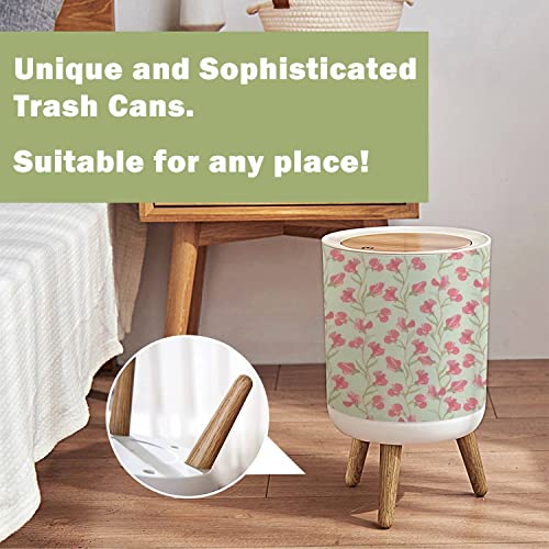 Small Trash Can with Lid Flower Seamless Floral Seamless with Lilac and Pink Sweet Pea Wood Legs Press Cover Garbage Bin Round Waste Bin Wastebasket for Kitchen Bathroom Office 7L/1.8 Gallon