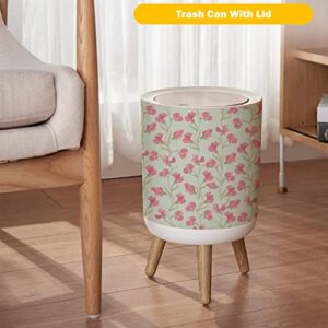 Small Trash Can with Lid Flower Seamless Floral Seamless with Lilac and Pink Sweet Pea Wood Legs Press Cover Garbage Bin Round Waste Bin Wastebasket for Kitchen Bathroom Office 7L/1.8 Gallon