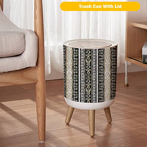 Small Trash Can with Lid Seamless Based on Ornament Paisley Bandana Print Vintage Style Silk Wood Legs Press Cover Garbage Bin Round Waste Bin Wastebasket for Kitchen Bathroom Office 7L/1.8 Gallon