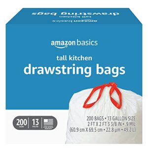 amazon basics tall kitchen drawstring trash bags, 13 gallon, 200 count (previously solimo)