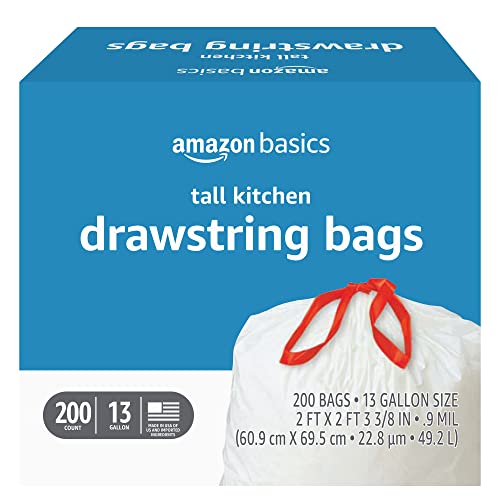 Amazon Basics Tall Kitchen Drawstring Trash Bags, 13 Gallon, 200 Count (Previously Solimo)