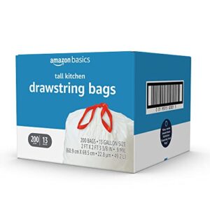 Amazon Basics Tall Kitchen Drawstring Trash Bags, 13 Gallon, 200 Count (Previously Solimo)