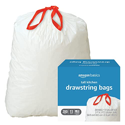 Amazon Basics Tall Kitchen Drawstring Trash Bags, 13 Gallon, 200 Count (Previously Solimo)