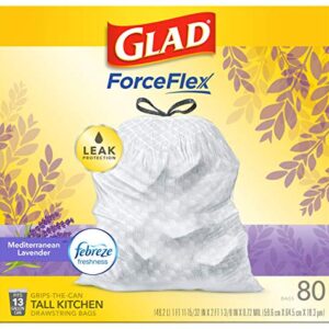 Glad ForceFlex Tall Kitchen Drawstring Trash Bags 13 Gallon White Trash Bag, Mediterranean Lavender scent with Febreze Freshness 80 Count (Package May Vary)