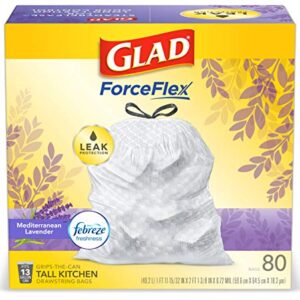 Glad ForceFlex Tall Kitchen Drawstring Trash Bags 13 Gallon White Trash Bag, Mediterranean Lavender scent with Febreze Freshness 80 Count (Package May Vary)