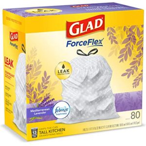 Glad ForceFlex Tall Kitchen Drawstring Trash Bags 13 Gallon White Trash Bag, Mediterranean Lavender scent with Febreze Freshness 80 Count (Package May Vary)