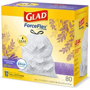 Glad ForceFlex Tall Kitchen Drawstring Trash Bags 13 Gallon White Trash Bag, Mediterranean Lavender scent with Febreze Freshness 80 Count (Package May Vary)