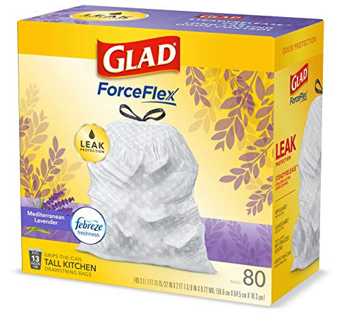 Glad ForceFlex Tall Kitchen Drawstring Trash Bags 13 Gallon White Trash Bag, Mediterranean Lavender scent with Febreze Freshness 80 Count (Package May Vary)