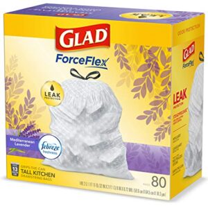 Glad ForceFlex Tall Kitchen Drawstring Trash Bags 13 Gallon White Trash Bag, Mediterranean Lavender scent with Febreze Freshness 80 Count (Package May Vary)