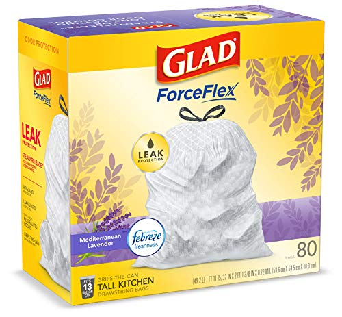 Glad ForceFlex Tall Kitchen Drawstring Trash Bags 13 Gallon White Trash Bag, Mediterranean Lavender scent with Febreze Freshness 80 Count (Package May Vary)