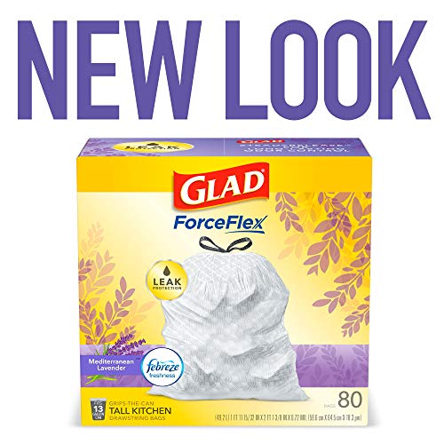 Glad ForceFlex Tall Kitchen Drawstring Trash Bags 13 Gallon White Trash Bag, Mediterranean Lavender scent with Febreze Freshness 80 Count (Package May Vary)