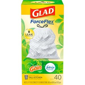 glad forceflex tall drawstring trash bags, 13 gallon white trash bags for tall kitchen trash can, gain original scent to eliminate odors, 40 count