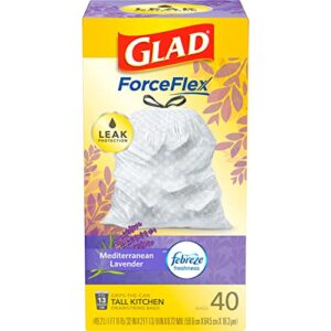 glad forceflex tall drawstring trash bags, 13 gallon white trash bags for tall kitchen trash can, mediterranean lavender with febreze freshness to eliminate odors, 40 count