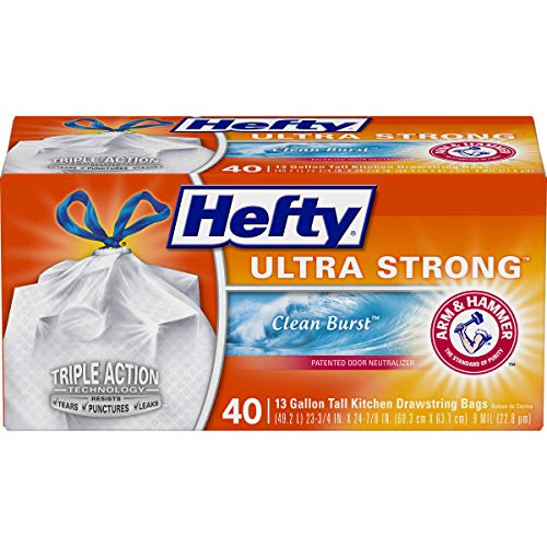 Hefty Ultra Strong Tall Kitchen Trash Bags, Clean Burst Scent, 13 Gallon, 40 Count