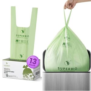 superbio 13 gallon compostable handle tie tall kitchen garbage bags, heavy duty food scrap trash bags certified by bpi meeting astm d6400 standards, eco-friendly and convenient, 30 count