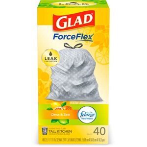 glad forceflex tall drawstring trash bags, 13 gallon grey trash bags for tall kitchen trash can, citrus & zest with febreze freshness to eliminate odors, 40 count – packaging may vary