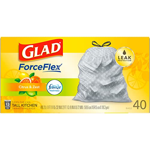 GLAD ForceFlex Tall Drawstring Trash Bags, 13 Gallon Grey Trash Bags for Tall Kitchen Trash Can, Citrus & Zest with Febreze Freshness to Eliminate Odors, 40 Count - Packaging May Vary