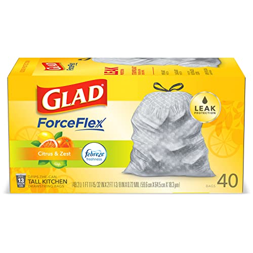 GLAD ForceFlex Tall Drawstring Trash Bags, 13 Gallon Grey Trash Bags for Tall Kitchen Trash Can, Citrus & Zest with Febreze Freshness to Eliminate Odors, 40 Count - Packaging May Vary