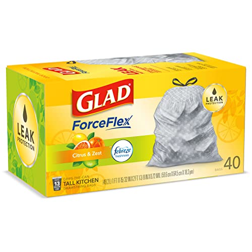 GLAD ForceFlex Tall Drawstring Trash Bags, 13 Gallon Grey Trash Bags for Tall Kitchen Trash Can, Citrus & Zest with Febreze Freshness to Eliminate Odors, 40 Count - Packaging May Vary