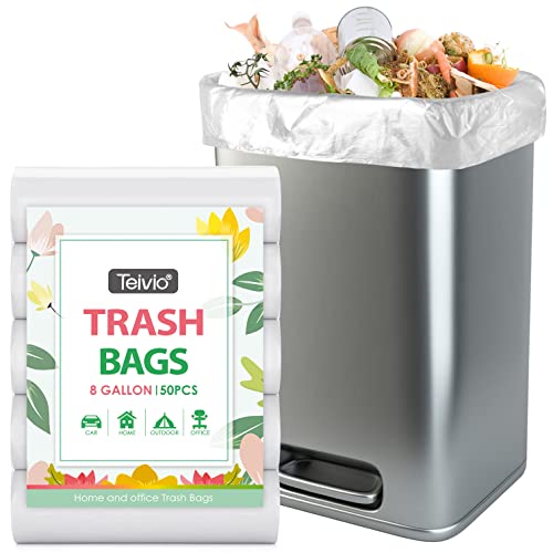 8 Gallon 50 Counts Strong Trash Bags Garbage Bags by Teivio, Bathroom Trash Can Bin Liners, Plastic Bags for home office kitchen, Clear