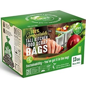 UNNI 100% Compostable Bags, 13 Gallon, 49.2 Liter, 50 Count, Heavy Duty 0.85 Mil, Tall Kitchen Food Scrap Waste Bags, ASTM D6400, EN 13432, US BPI and Europe OK Compost Home Certified, San Francisco