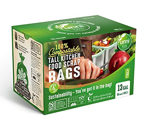 UNNI 100% Compostable Bags, 13 Gallon, 49.2 Liter, 50 Count, Heavy Duty 0.85 Mil, Tall Kitchen Food Scrap Waste Bags, ASTM D6400, EN 13432, US BPI and Europe OK Compost Home Certified, San Francisco