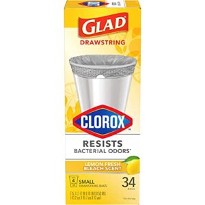 glad small drawstring trash bags with clorox, 4 gallon grey trash bags, lemon fresh bleach scent, 34 count (package may vary)