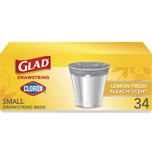 Glad Small Drawstring Trash Bags with Clorox, 4 Gallon Grey Trash Bags, Lemon Fresh Bleach Scent, 34 Count (Package May Vary)