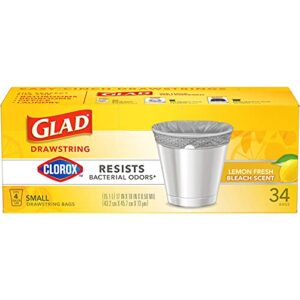 Glad Small Drawstring Trash Bags with Clorox, 4 Gallon Grey Trash Bags, Lemon Fresh Bleach Scent, 34 Count (Package May Vary)