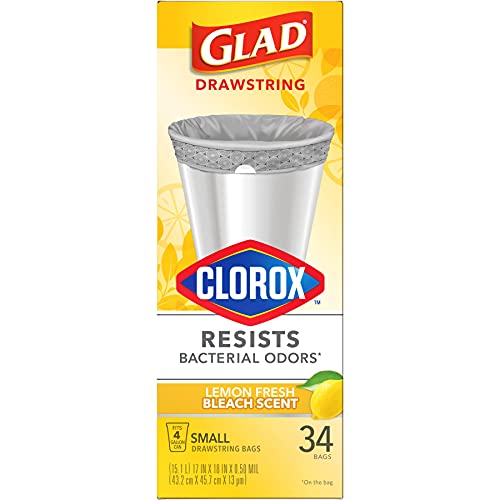 Glad Small Drawstring Trash Bags with Clorox, 4 Gallon Grey Trash Bags, Lemon Fresh Bleach Scent, 34 Count (Package May Vary)