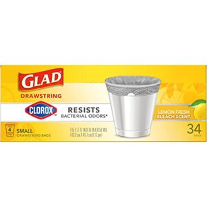 Glad Small Drawstring Trash Bags with Clorox, 4 Gallon Grey Trash Bags, Lemon Fresh Bleach Scent, 34 Count (Package May Vary)