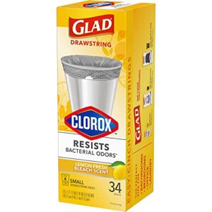 Glad Small Drawstring Trash Bags with Clorox, 4 Gallon Grey Trash Bags, Lemon Fresh Bleach Scent, 34 Count (Package May Vary)