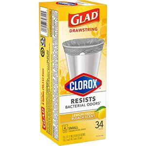 Glad Small Drawstring Trash Bags with Clorox, 4 Gallon Grey Trash Bags, Lemon Fresh Bleach Scent, 34 Count (Package May Vary)