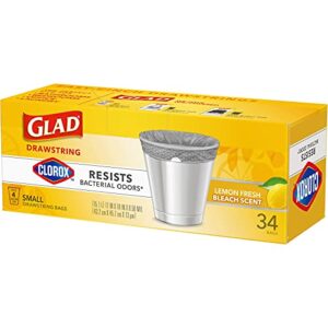 Glad Small Drawstring Trash Bags with Clorox, 4 Gallon Grey Trash Bags, Lemon Fresh Bleach Scent, 34 Count (Package May Vary)