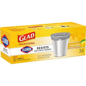 Glad Small Drawstring Trash Bags with Clorox, 4 Gallon Grey Trash Bags, Lemon Fresh Bleach Scent, 34 Count (Package May Vary)