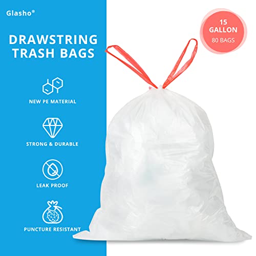 Glasho 15 Gallon Plastic Drawstring Trash Bags 80 Count White Leak Proof Garbage Bags for Tall Kitchen Home Office Outdoor