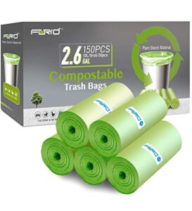 small trash bags – forid 2.6 gallon compostable garbage bags 150 count mini strong trash can liners 10 liter unscented wastebasket bags for kitchen bathroom home office (5rolls/green)