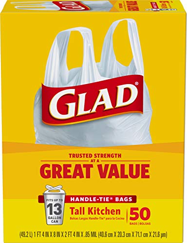 GLAD Tall Kitchen Trash Bags, 13 Gallon Handle Tie Trash Big for Kitchen, Unscented, 50 Count (Pack of 4)