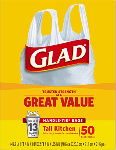 GLAD Tall Kitchen Trash Bags, 13 Gallon Handle Tie Trash Big for Kitchen, Unscented, 50 Count (Pack of 4)