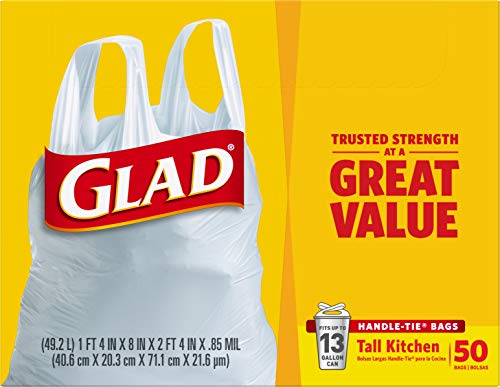 GLAD Tall Kitchen Trash Bags, 13 Gallon Handle Tie Trash Big for Kitchen, Unscented, 50 Count (Pack of 4)