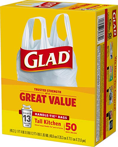 GLAD Tall Kitchen Trash Bags, 13 Gallon Handle Tie Trash Big for Kitchen, Unscented, 50 Count (Pack of 4)