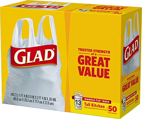 GLAD Tall Kitchen Trash Bags, 13 Gallon Handle Tie Trash Big for Kitchen, Unscented, 50 Count (Pack of 4)